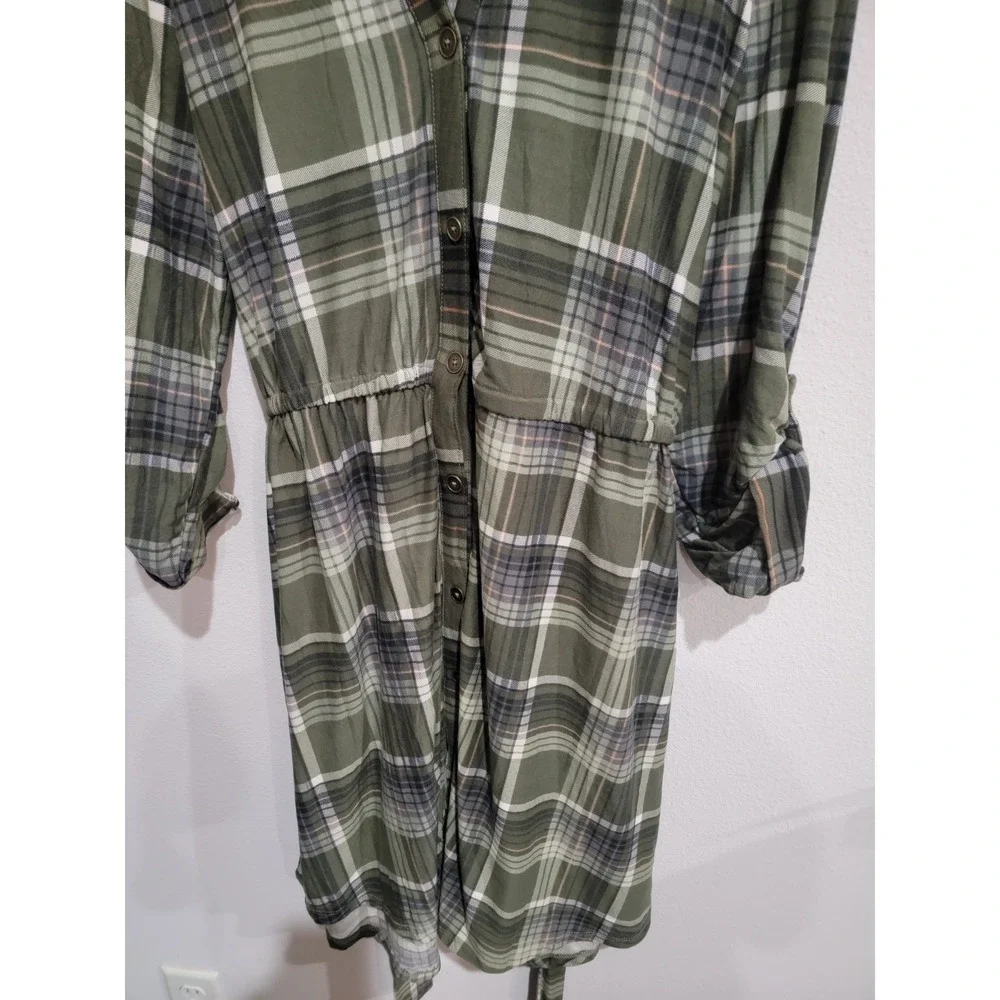 Derek Heart Womens 2X Olive‎ Green Belted Shirt Dress Long Sleeve Lace Back NWT